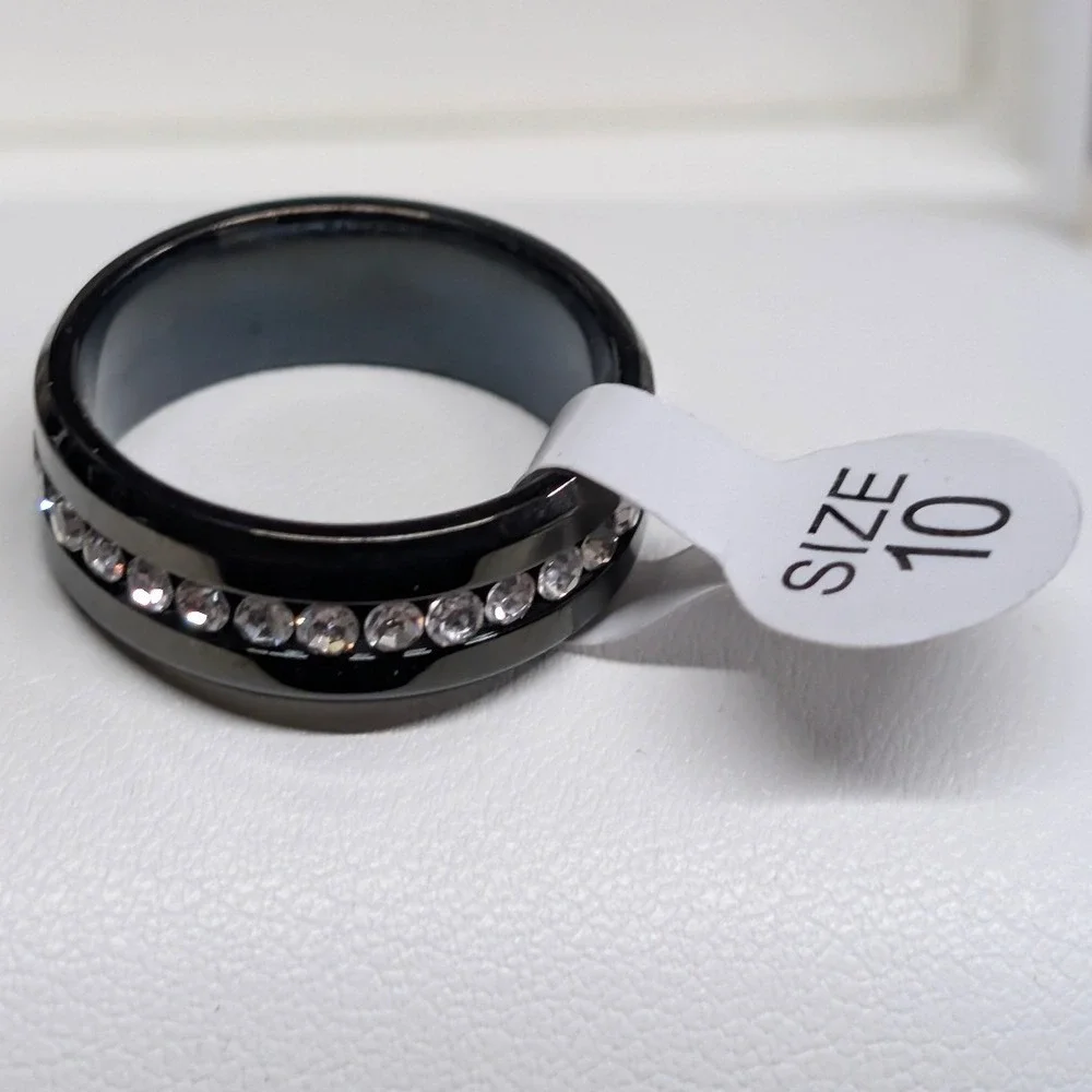 NEW Crystal Eternity Ring PLus Size 10 Black Band Clear Rhinestones Wedding Gift